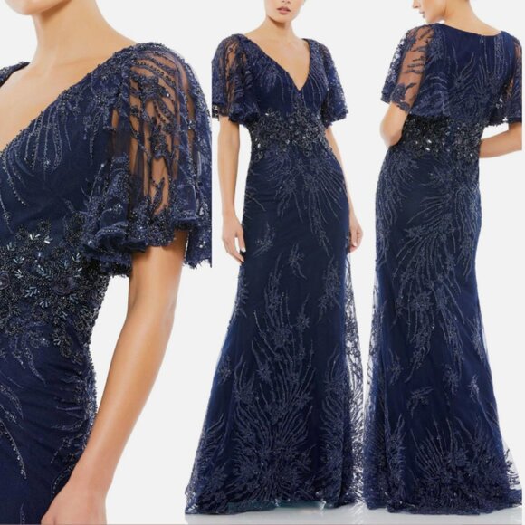 MAC DUGGAL 67493 VINTAGE FLUTTER SLEEVE MIDNIGHT NAVYGOWN sz 6 - Picture 1 of 5